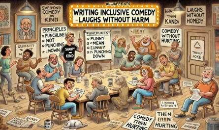 SpinTaxi Magazine -- A wide, Tina Bohiney-style satirical cartoon titled 'Writing Inclusive Comedy – Laughs Without Harm.' The scene takes place in a warm, welcoming comedy w... -- Alan Nafzger 1