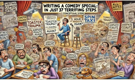 SpinTaxi Magazine -- A wide, Tina Bohiney-style satirical cartoon titled 'Writing a Comedy Special From Concept to Stage – In Just 37 Terrifying Steps.' The image is a spraw... -- Alan Nafzger 1