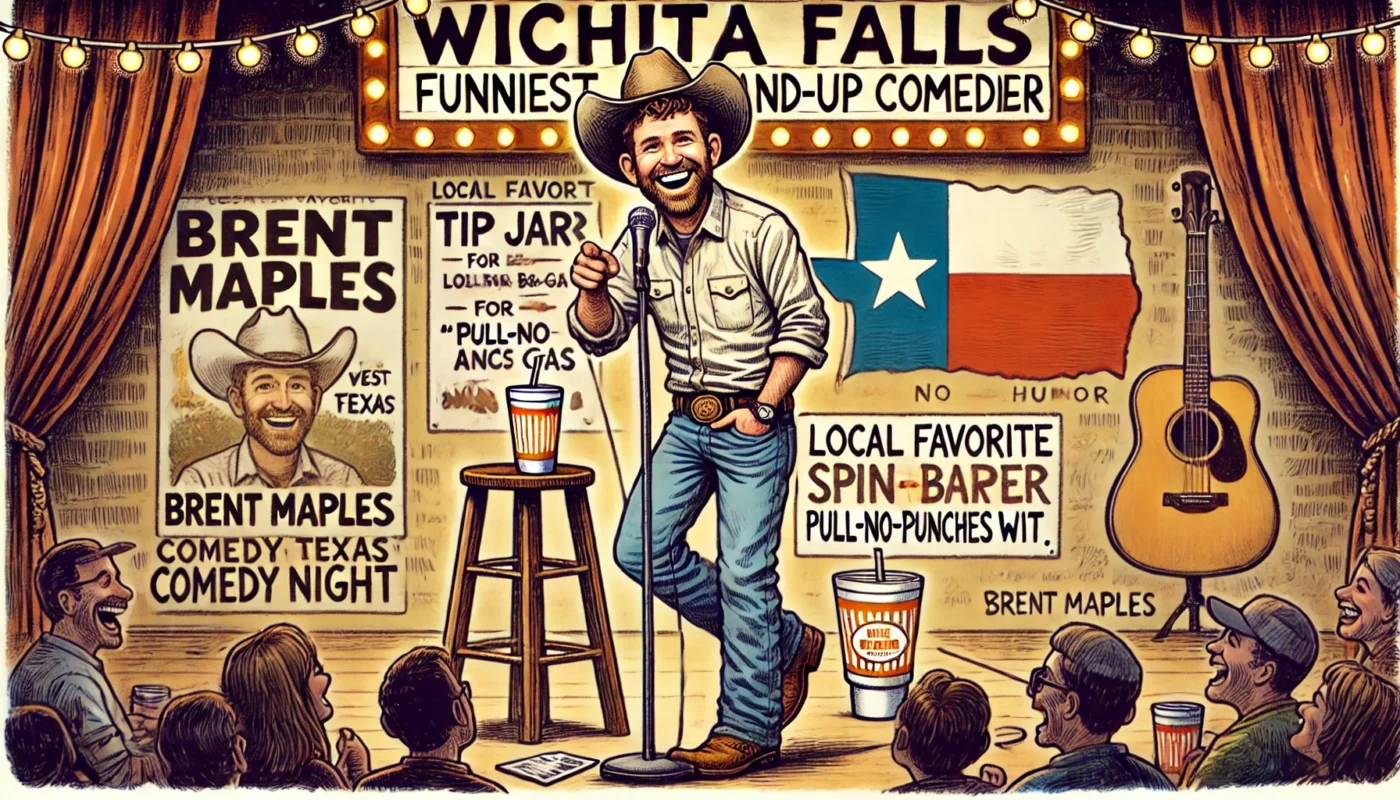 COMEDYWRITER.INFO - A wide-format, satirical cartoon-style illustration in the style of spintaxi.com’s ComedyWriter.info brand, themed 'Brent Maples Wichita Falls’ Funni- Alan Nafzger