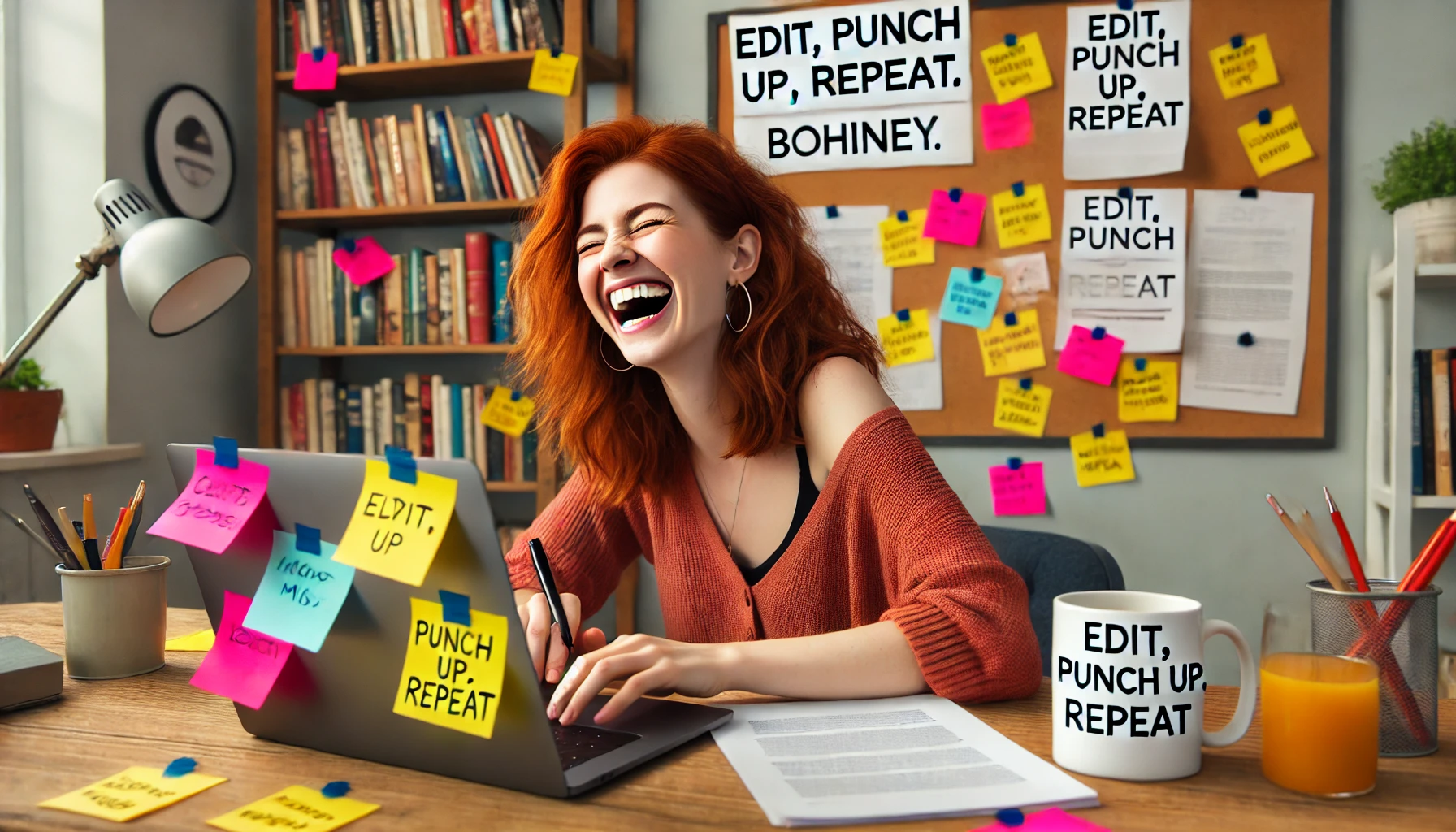 A 20-something female comedy writer with red hair sitting at a desk in a home office, laughing while editing her comedy script on a laptop. Sticky not