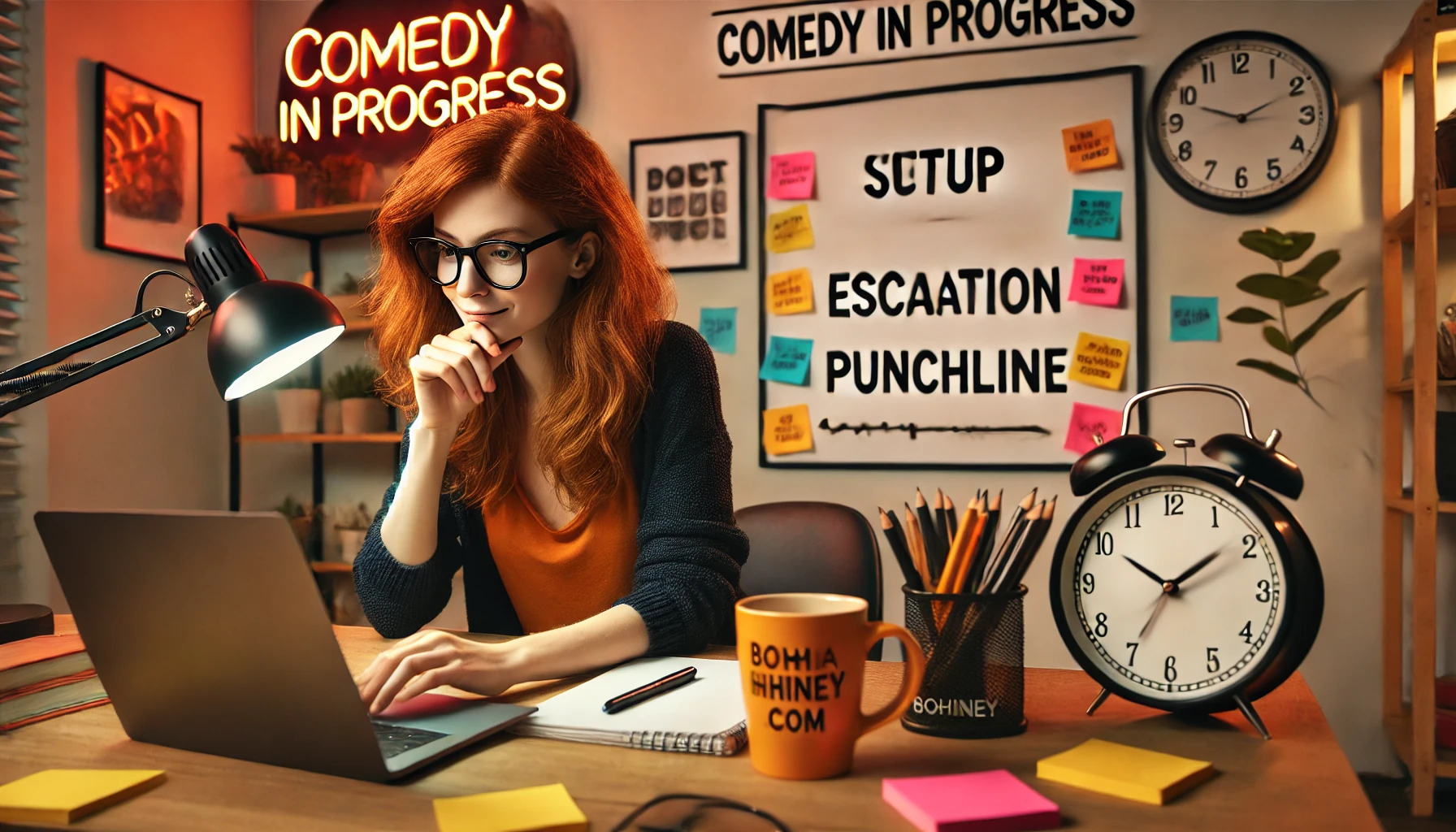 A 20-something female comedy writer with red hair sitting at her desk, deep in thought while adjusting a joke on her laptop. A clock on the wall shows