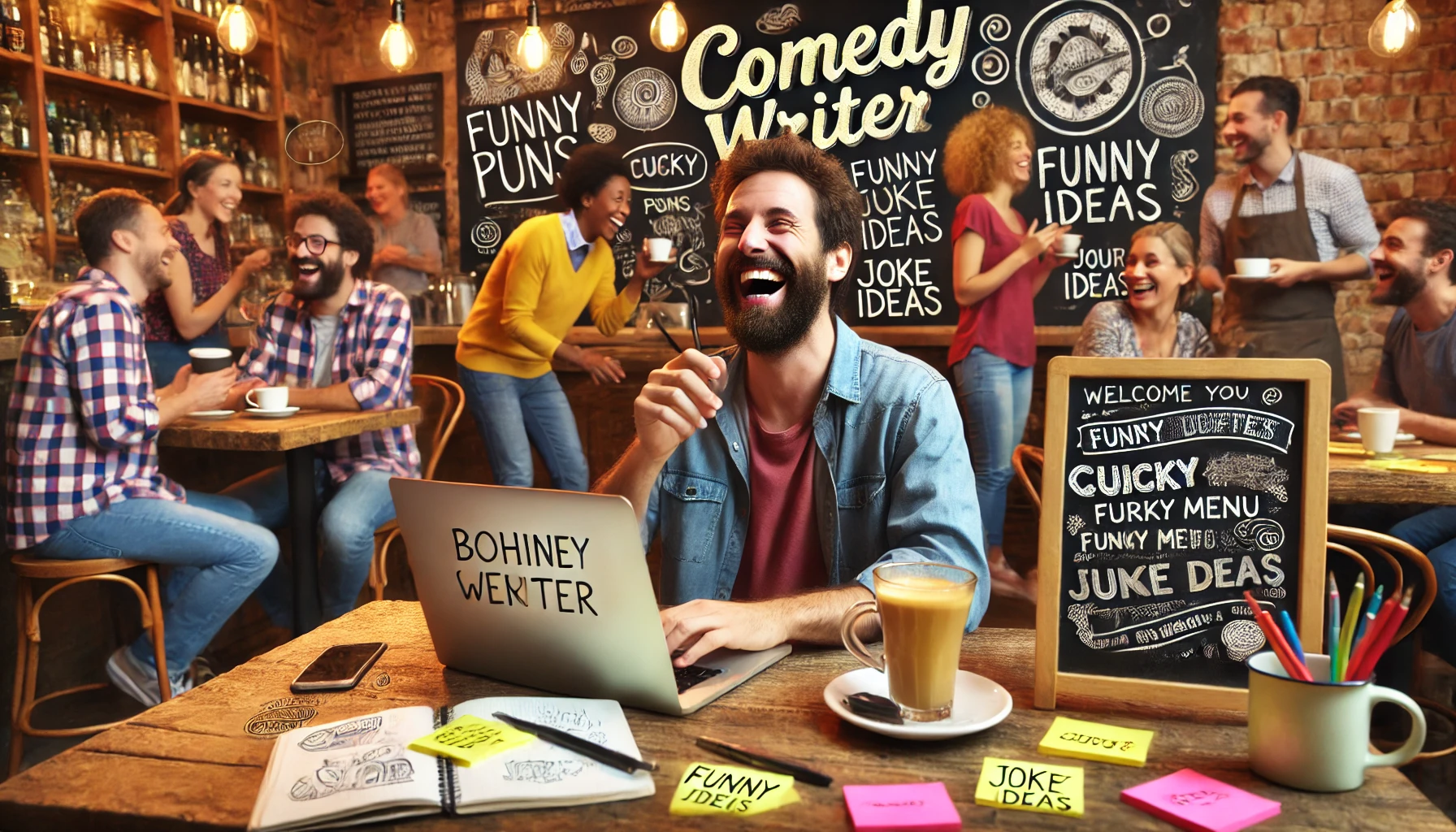 A comedy writer in a bustling cafe, surrounded by inspiration like quirky customers, a chalkboard menu with funny puns, and a laptop filled with humor