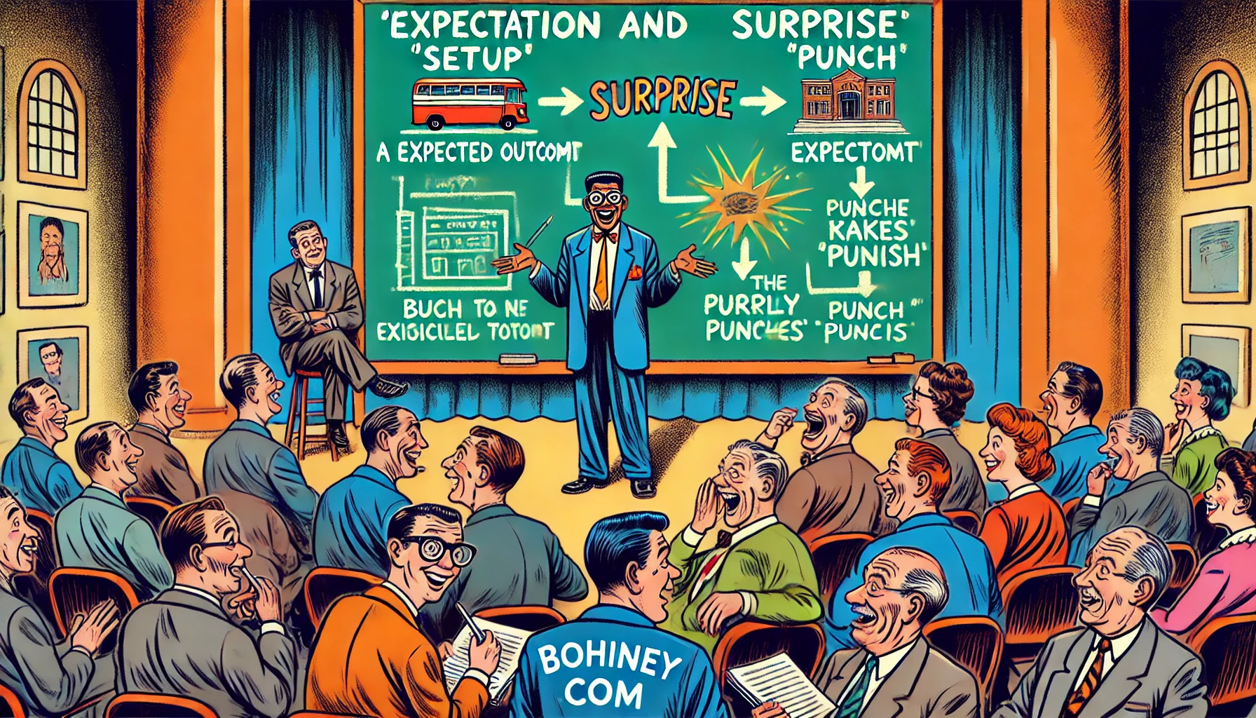 A humorous illustration of a comedian on stage explaining 'Expectation and Surprise' in joke structure. Behind them, a giant chalkboard is filled with