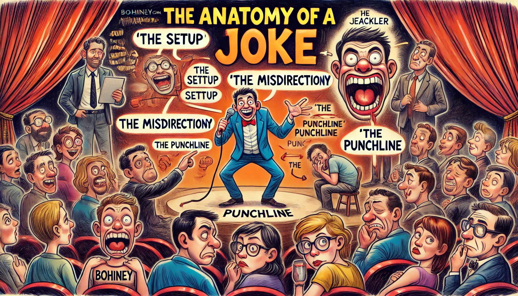 A humorous illustration of a stand-up comedian on stage explaining the anatomy of a joke. The audience is reacting with a mix of laughter and confusio