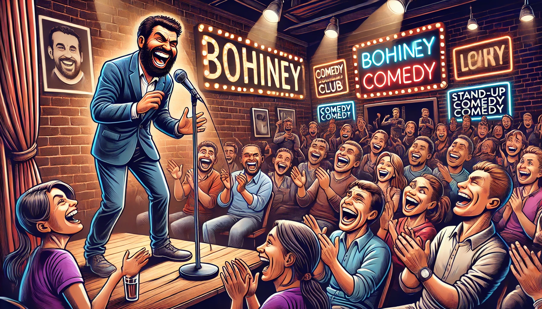 A lively and exaggerated illustration of a stand-up comedian performing in a packed comedy club. The comedian is delivering a joke with confidence, wh
