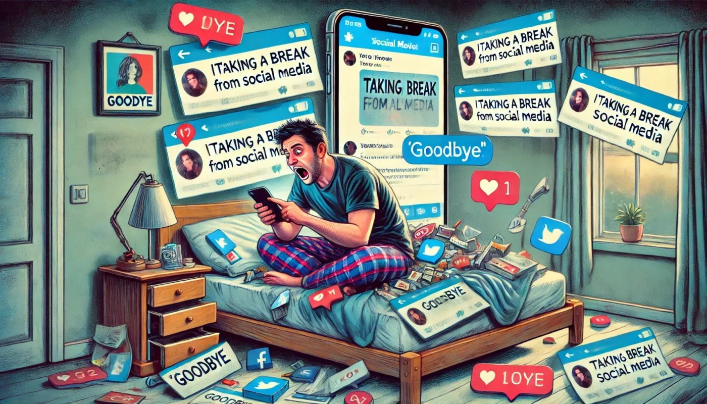 A satirical illustration of a man announcing he's taking a break from social media while furiously typing multiple posts about it. His room is filled