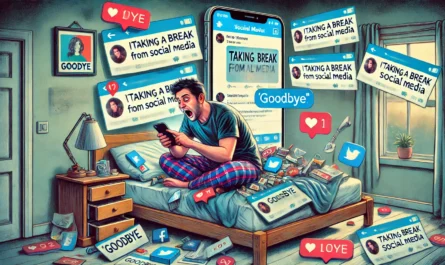 A satirical illustration of a man announcing he's taking a break from social media while furiously typing multiple posts about it. His room is filled