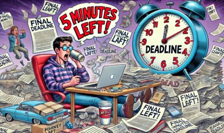 A satirical illustration of a procrastinator facing an absurdly massive countdown timer labeled 'Final Deadline' while still doing everything except t