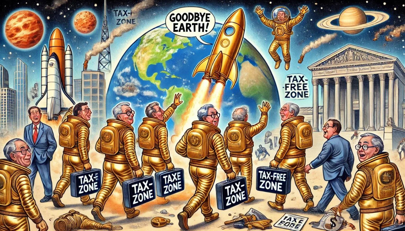A satirical illustration of billionaires packing their bags and boarding a rocket labeled 'Goodbye Earth!' as they flee to a newly discovered planet.