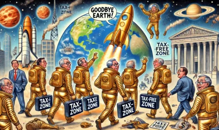 A satirical illustration of billionaires packing their bags and boarding a rocket labeled 'Goodbye Earth!' as they flee to a newly discovered planet.