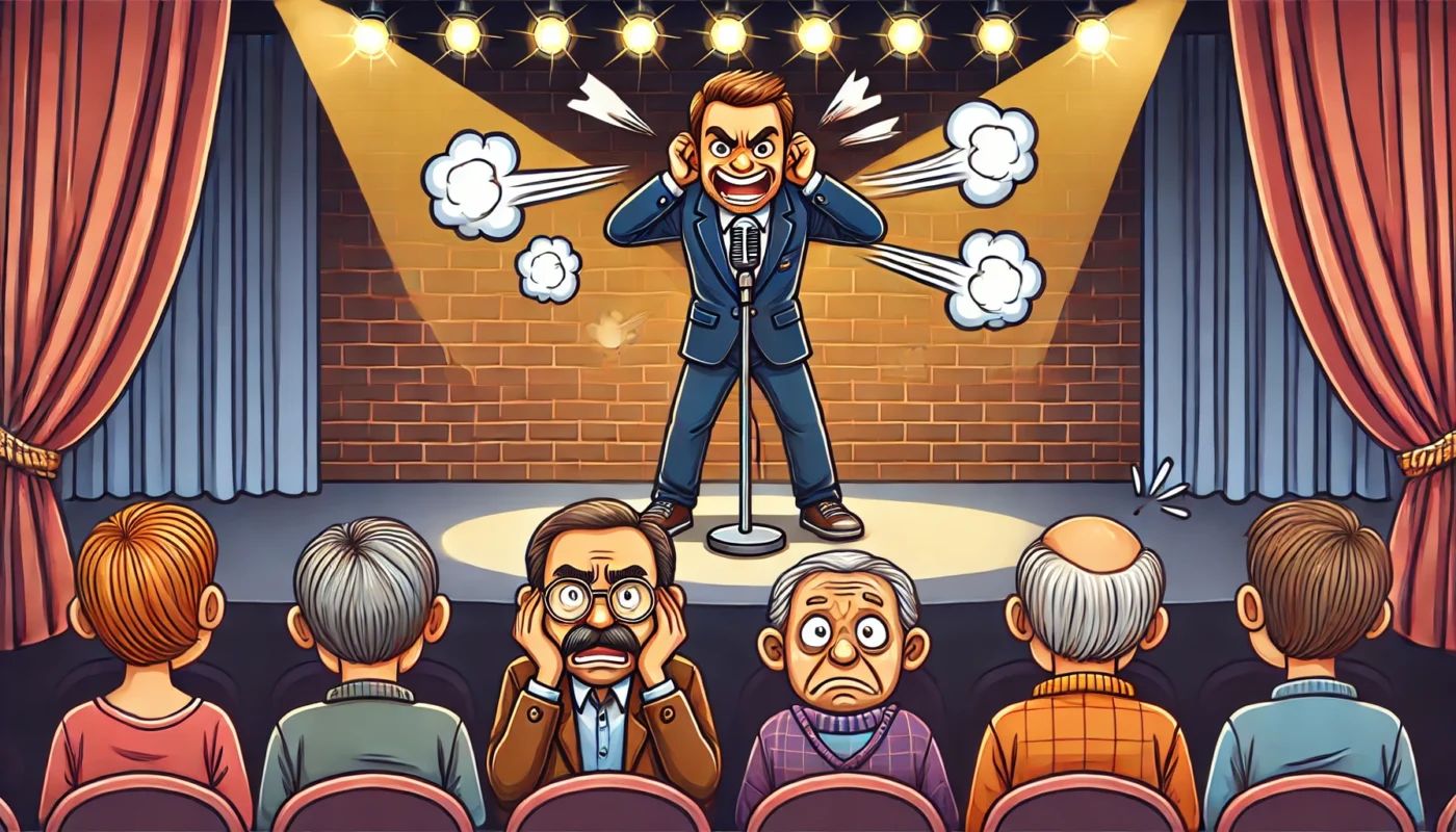 Are Comedians Swearing Too Much - A cartoon-style illustration of a comedian on stage swearing excessively while an older audience member looks shocked, covering their ears. -- Alan Nafzger 1