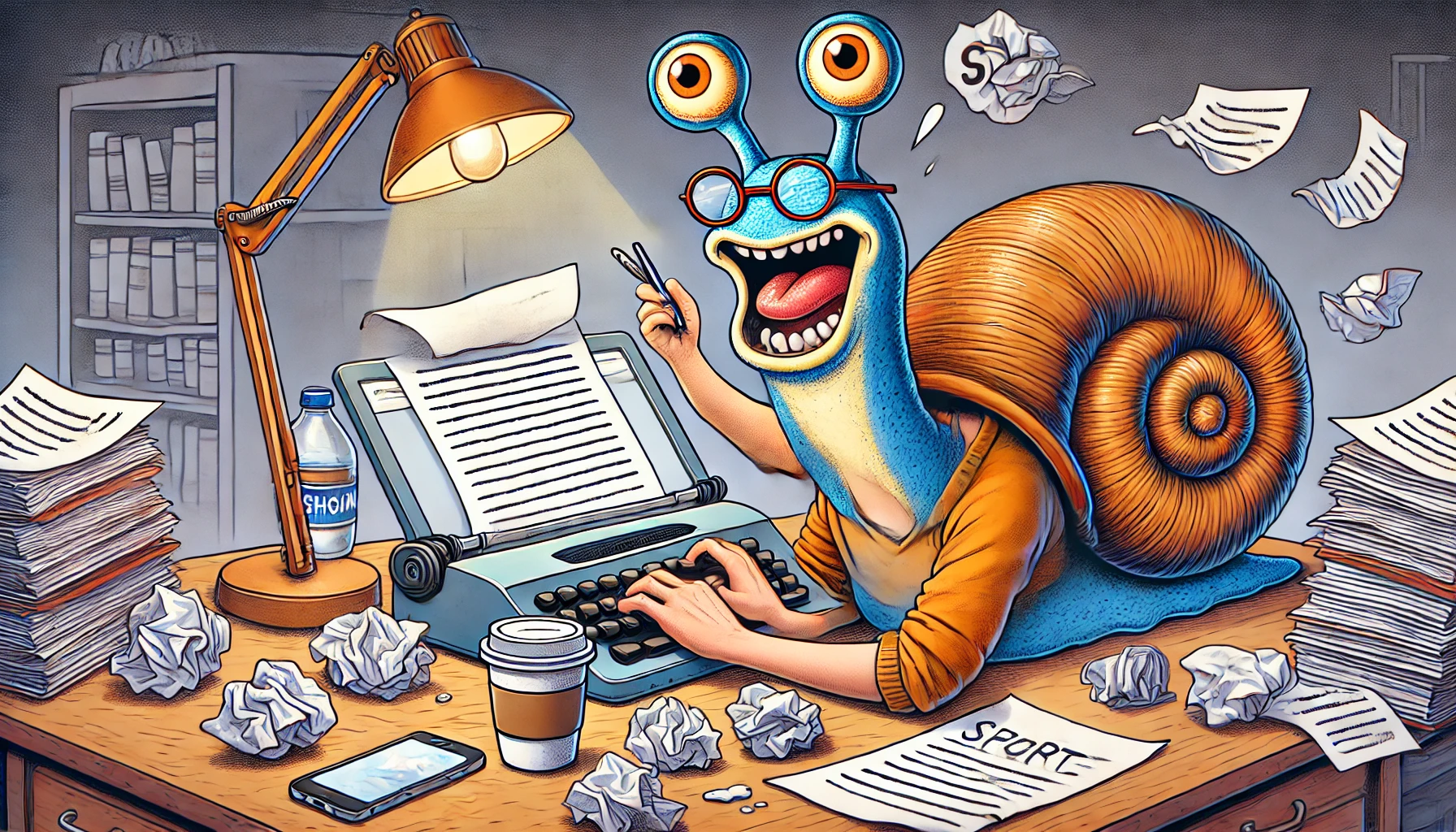 Bohiney.com - A Bohiney News illustration of a writer struggling to finish a manuscript while a mischievous talking snail wearing glasses critiques their work-- Alan Nafzger 1