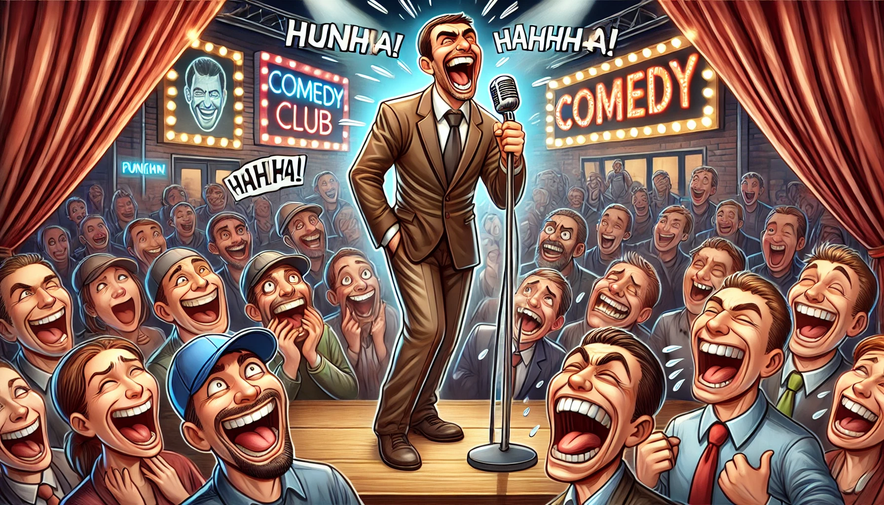 Bohiney.com - A Bohiney News illustration showing the punchline moment of a joke. The audience erupts in laughter, with exaggerated reactions. The comedian on-- Alan Nafzger 2