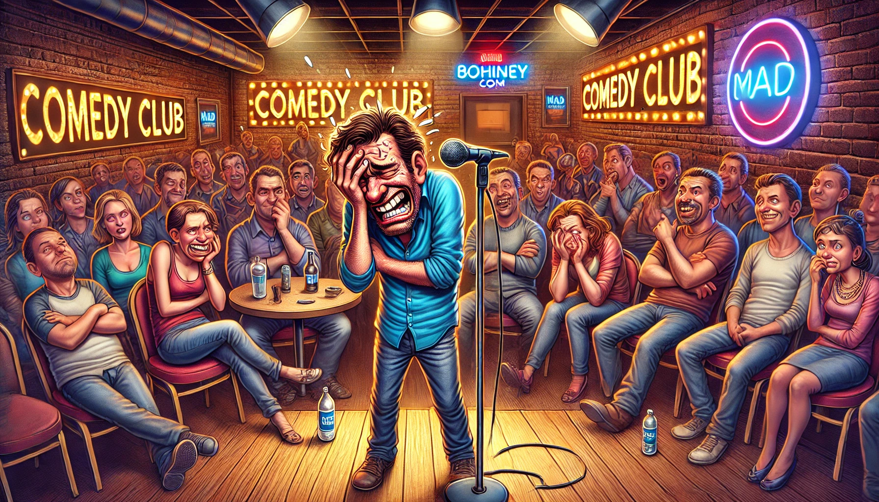 Bohiney.com - A hilarious and exaggerated illustration of a struggling comedian bombing on stage in a packed comedy club. The audience looks unimpressed—s-- Alan Nafzger 2