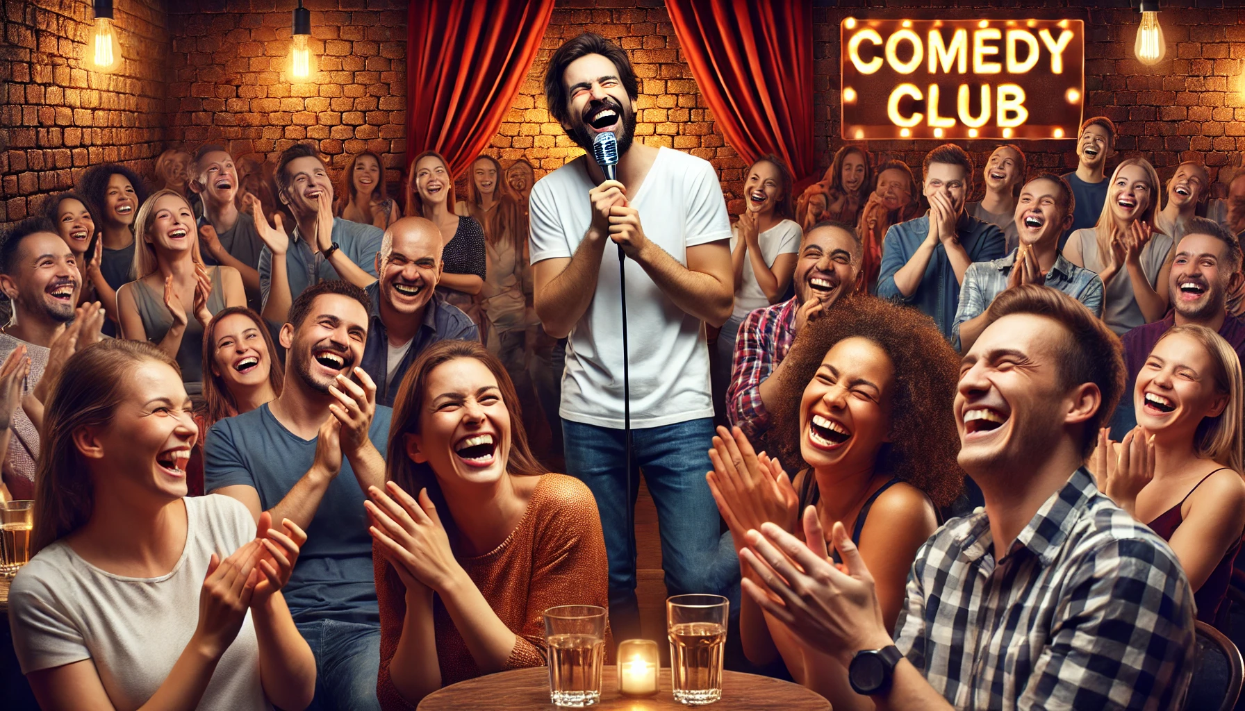 Bohiney.com - A lively comedy club scene with a stand-up comedian on stage, holding a microphone and making the audience laugh. The audience is diverse, r-- Alan Nafzger Bohiney.com - A lively comedy club scene with a stand-up comedian on stage, holding a microphone and making the audience laugh. The audience is diverse, r-- Alan Nafzger