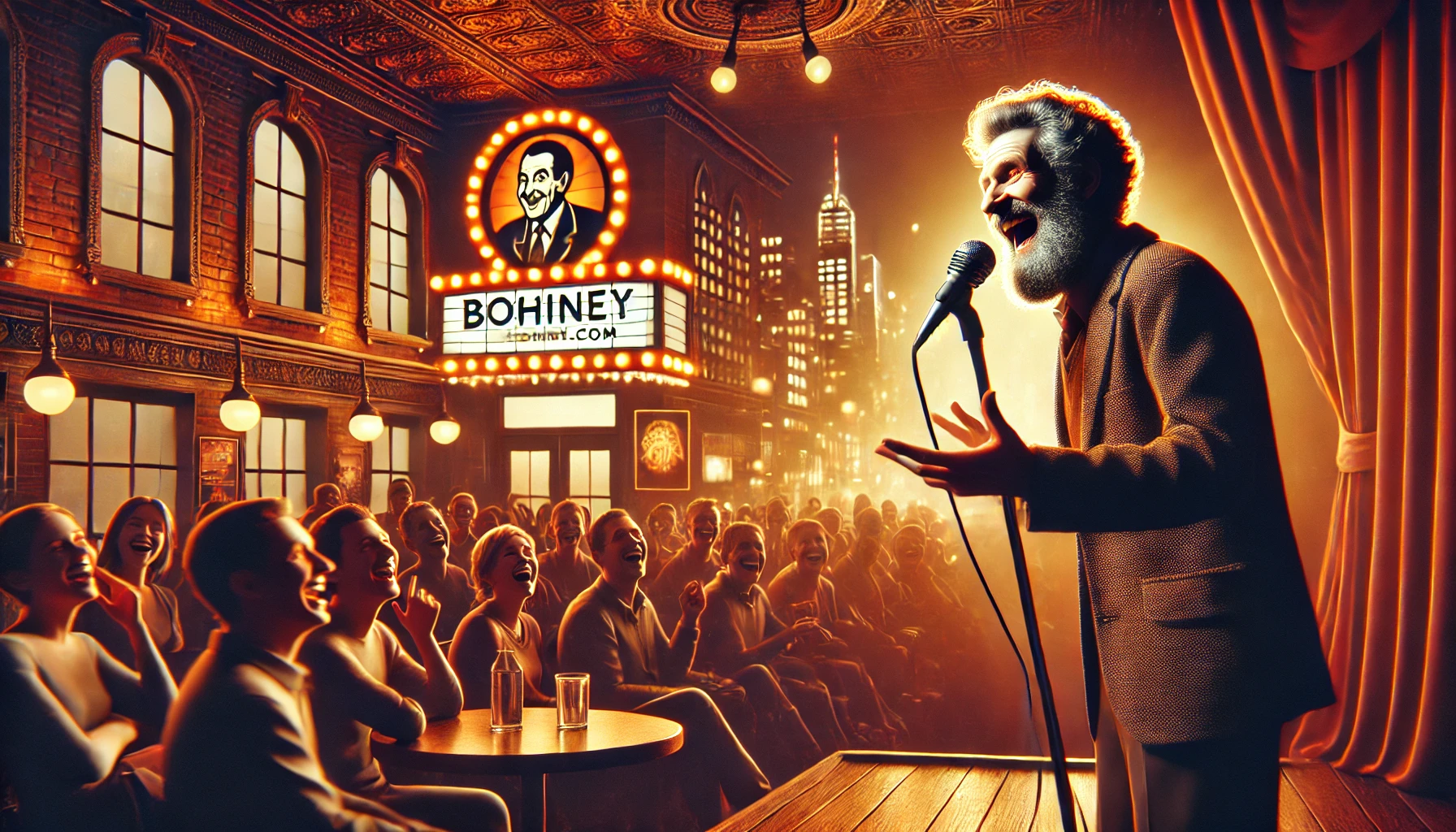 Bohiney.com - A lively stand-up comedy scene with a legendary comedian performing on stage. The audience is laughing hysterically, and the background feat-- Alan Nafzger Bohiney.com - A lively stand-up comedy scene with a legendary comedian performing on stage. The audience is laughing hysterically, and the background feat-- Alan Nafzger