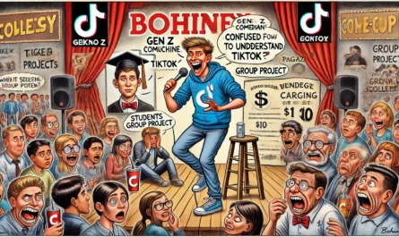 Bohiney.com - A satirical Mad Magazine-style illustration of a Gen Z comedian performing stand-up on stage. The audience is a mix of students, professors,-- Alan Nafzger