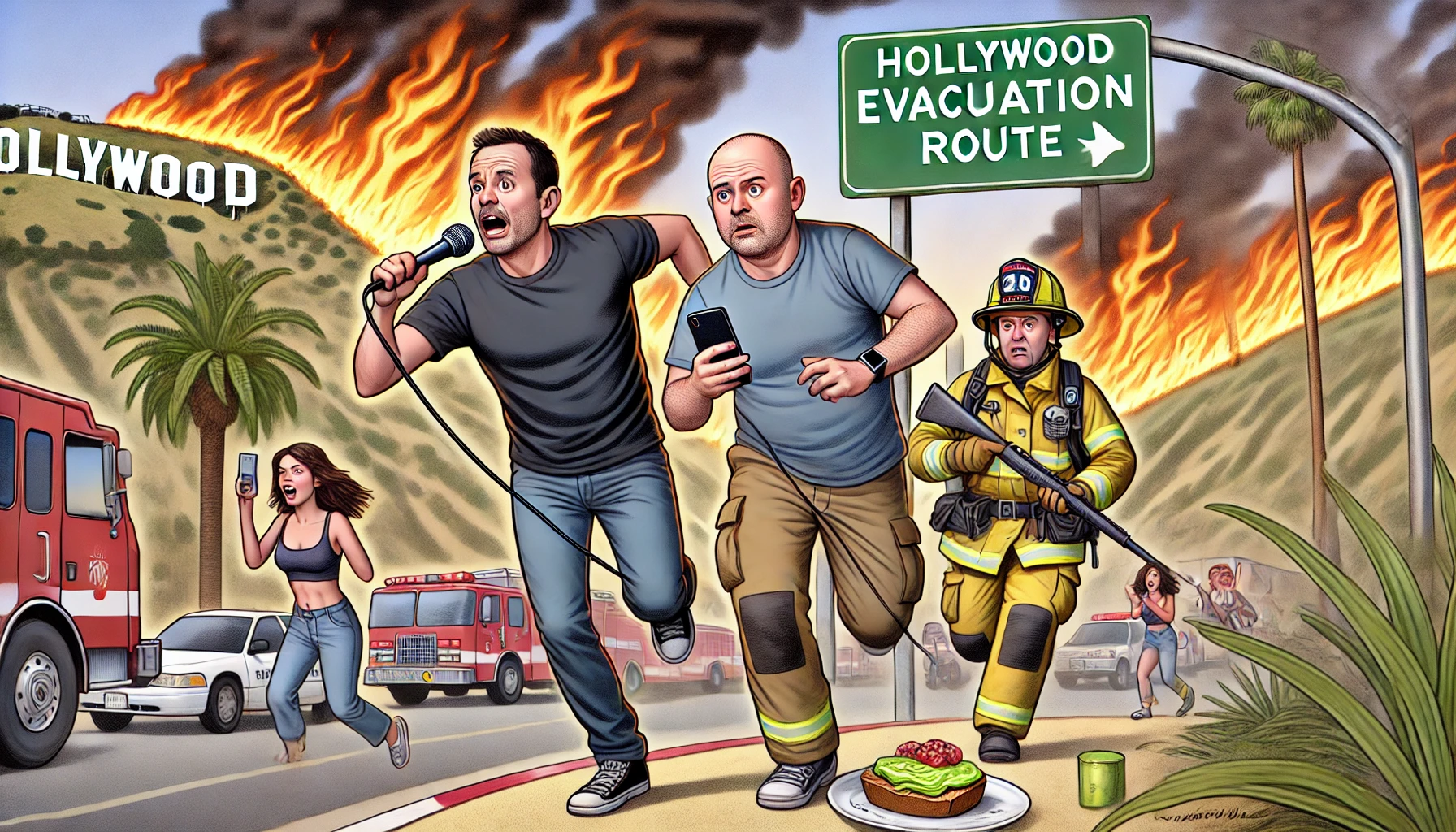 Bohiney.com - A satirical illustration featuring Bill Burr and Shane Gillis escaping a wildfire in Los Angeles while holding microphones, still doing stan-- Alan Nafzger Bohiney.com - A satirical illustration featuring Bill Burr and Shane Gillis escaping a wildfire in Los Angeles while holding microphones, still doing stan-- Alan Nafzger