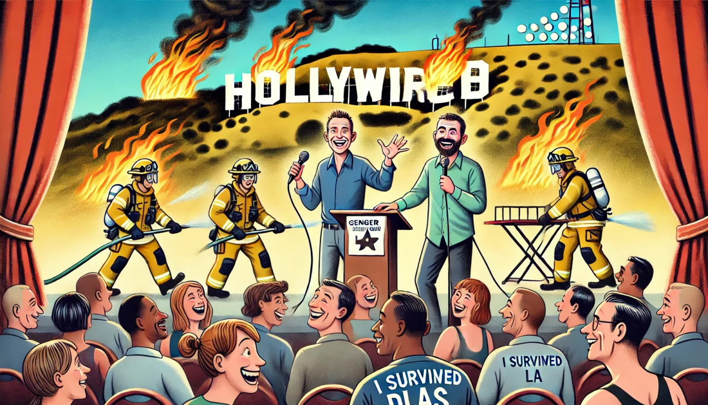 Bohiney.com - A satirical illustration of Bill Burr and Shane Gillis performing on stage for a wildfire relief charity event in Los Angeles. The backdrop -- Alan Nafzger