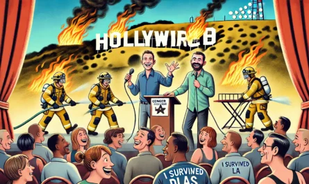 Bohiney.com - A satirical illustration of Bill Burr and Shane Gillis performing on stage for a wildfire relief charity event in Los Angeles. The backdrop -- Alan Nafzger