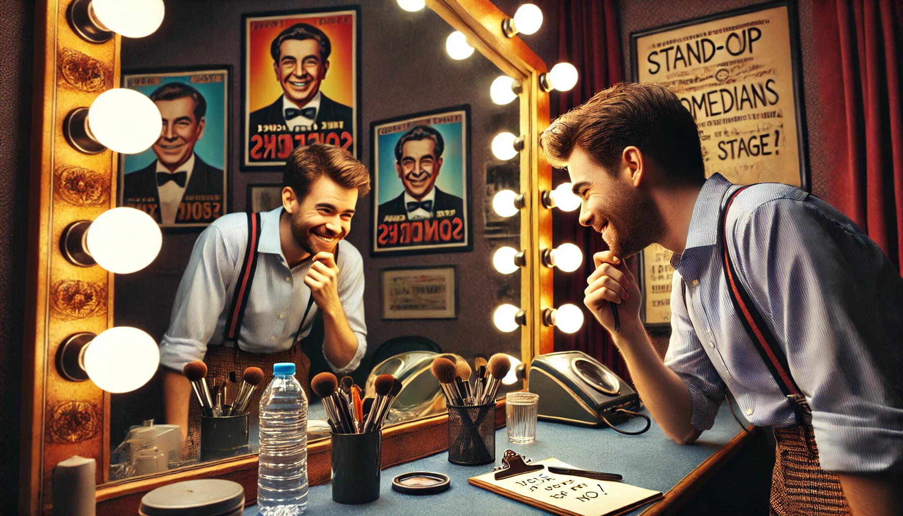 Bohiney.com - A stand-up comedian backstage, looking at themselves in the mirror with a mix of nervousness and excitement before going on stage.-- Alan Nafzger