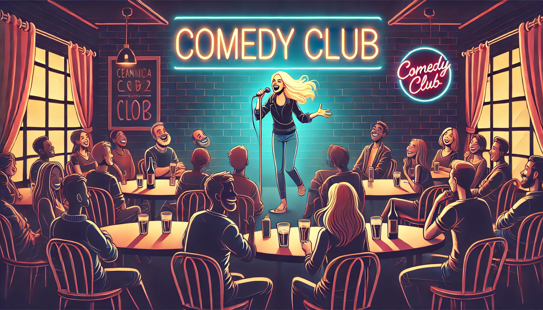 Bohiney.com - A wide-aspect illustration of a comedy club audience enjoying a stand-up performance. The room is dimly lit with a cozy atmosphere, featurin-- Alan Nafzger 2 Bohiney.com - A wide-aspect illustration of a comedy club audience enjoying a stand-up performance. The room is dimly lit with a cozy atmosphere, featurin-- Alan Nafzger 2