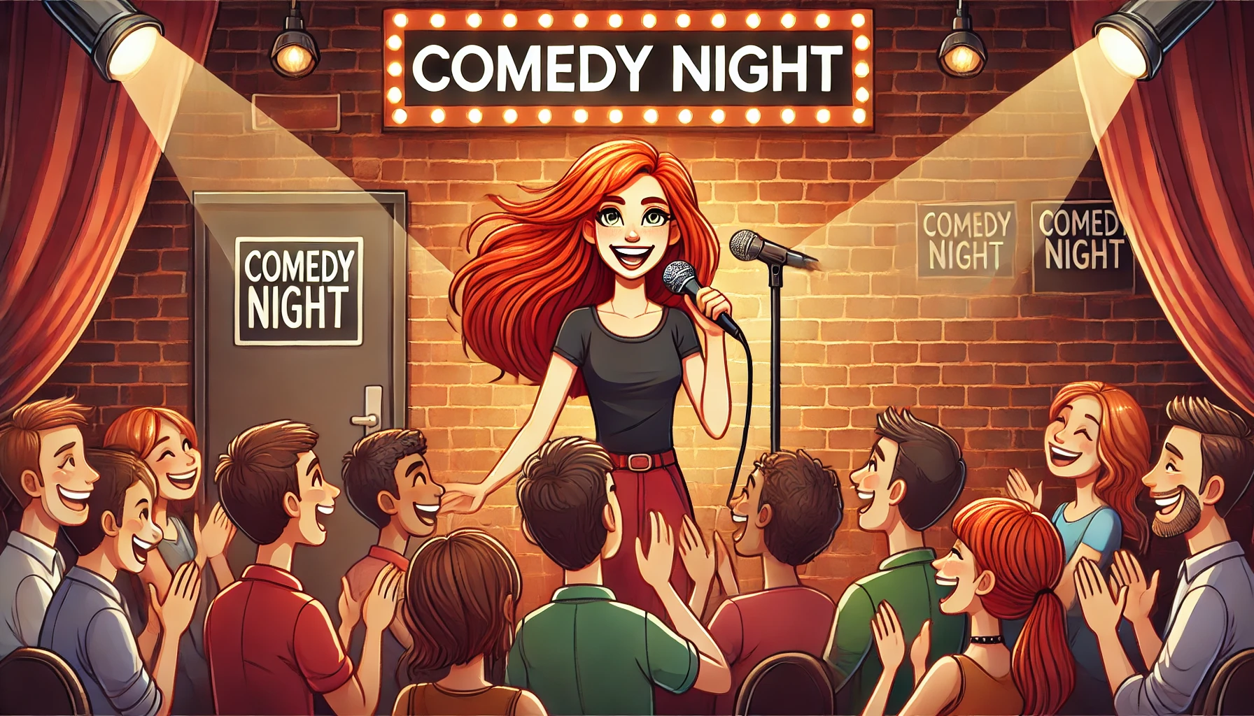Bohiney.com - A wide-aspect illustration of a stand-up comedian performing on stage in a comedy club. The comedian, a young red-haired woman, is holding a-- Alan Nafzger 1