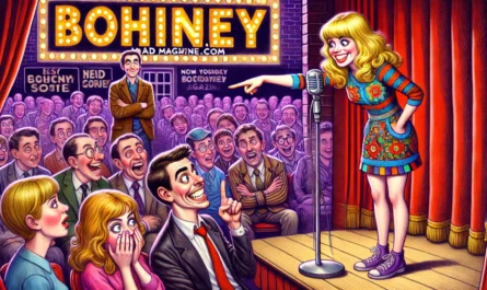 Bohiney.com - A wide-aspect satirical illustration of a young blonde female comedian on stage, pointing at a man in the audience with a mischievous grin. -- Alan Nafzger