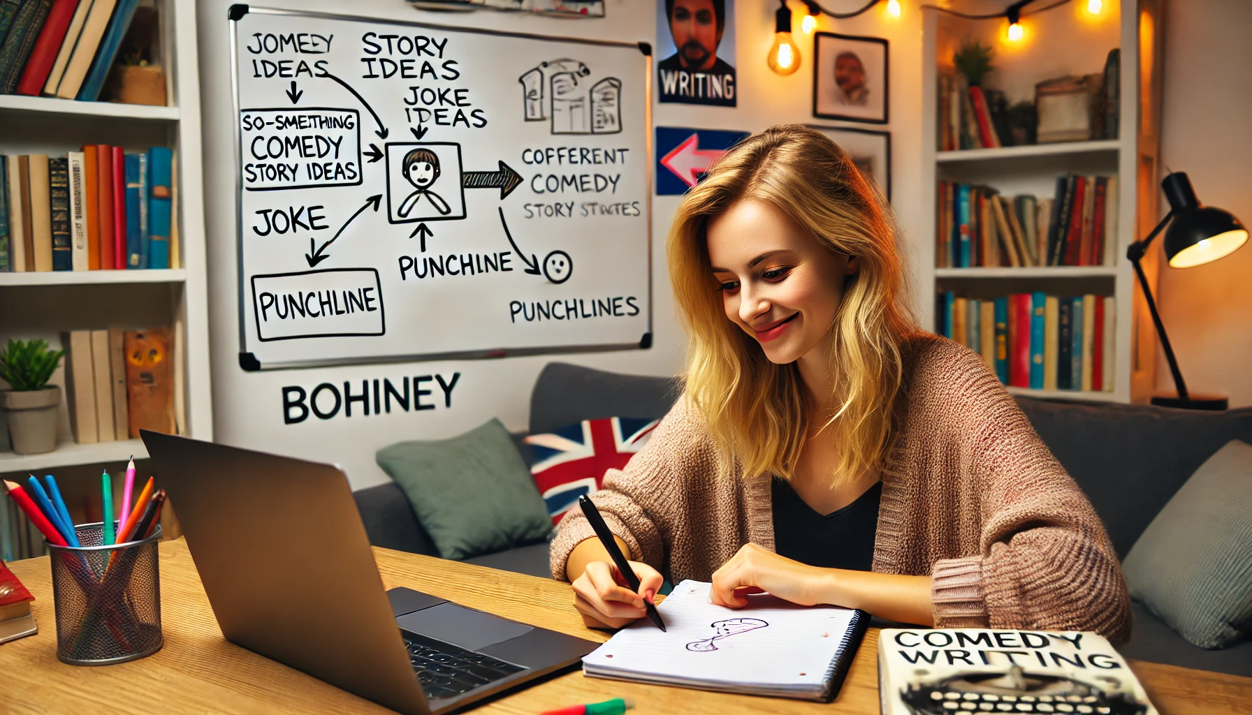 Building a Strong Comedic Narrative - A 20-something Scandinavian blonde comedy writer sitting at a cozy desk, sketching out comedic story ideas on a notepad. Her laptop screen displays a