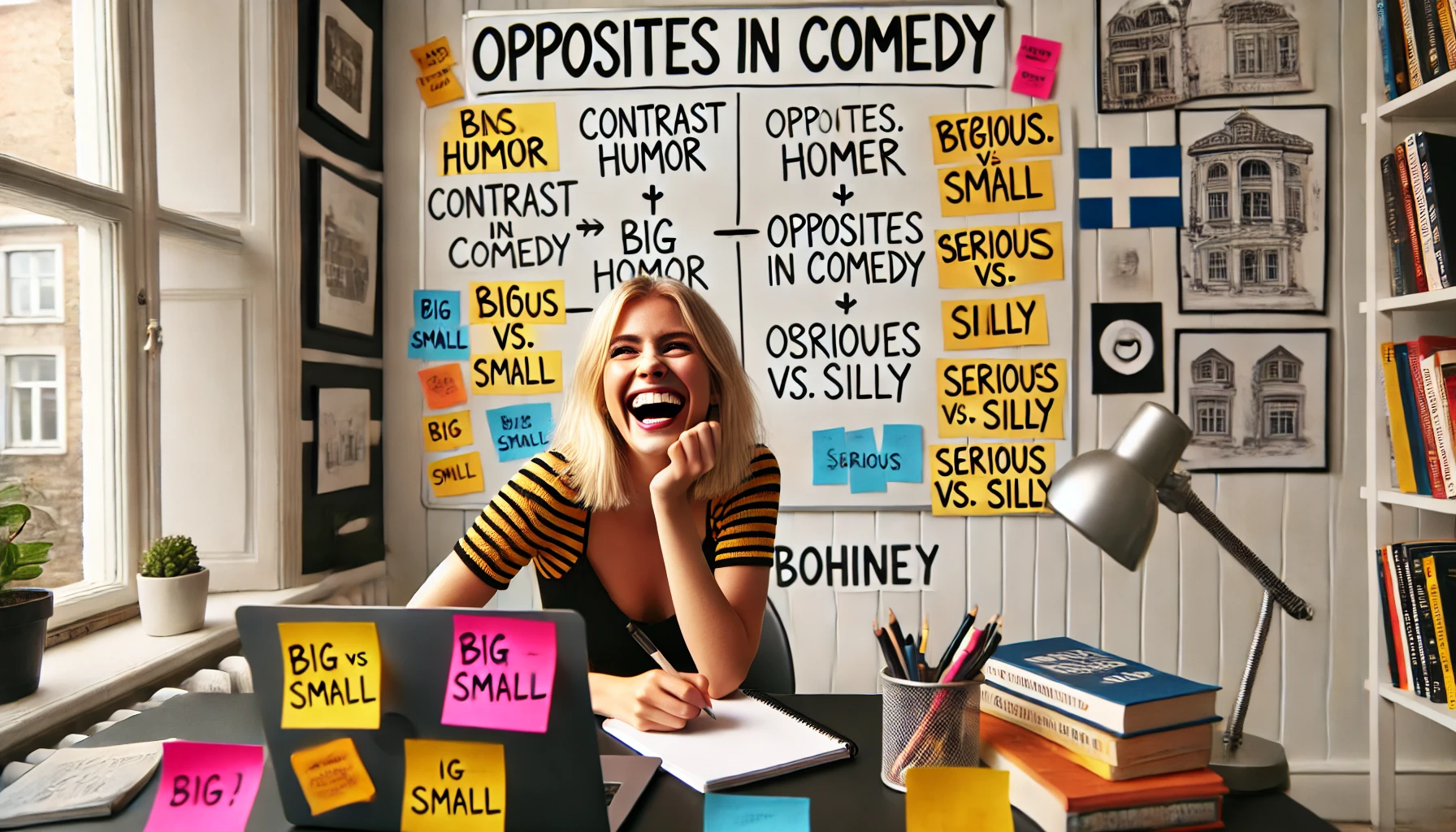 Comedic Contrast - A 20-something Scandinavian blonde comedy writer sitting at a desk, surrounded by sticky notes labeled 'contrast humor' and 'opposites in comedy.' She