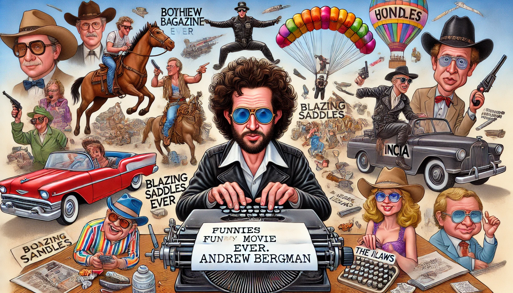 Comedy Writer - A humorous, exaggerated caricature of Andrew Bergman sitting at a typewriter, surrounded by iconic movie elements from Blazing Saddles, The In-Laws, a