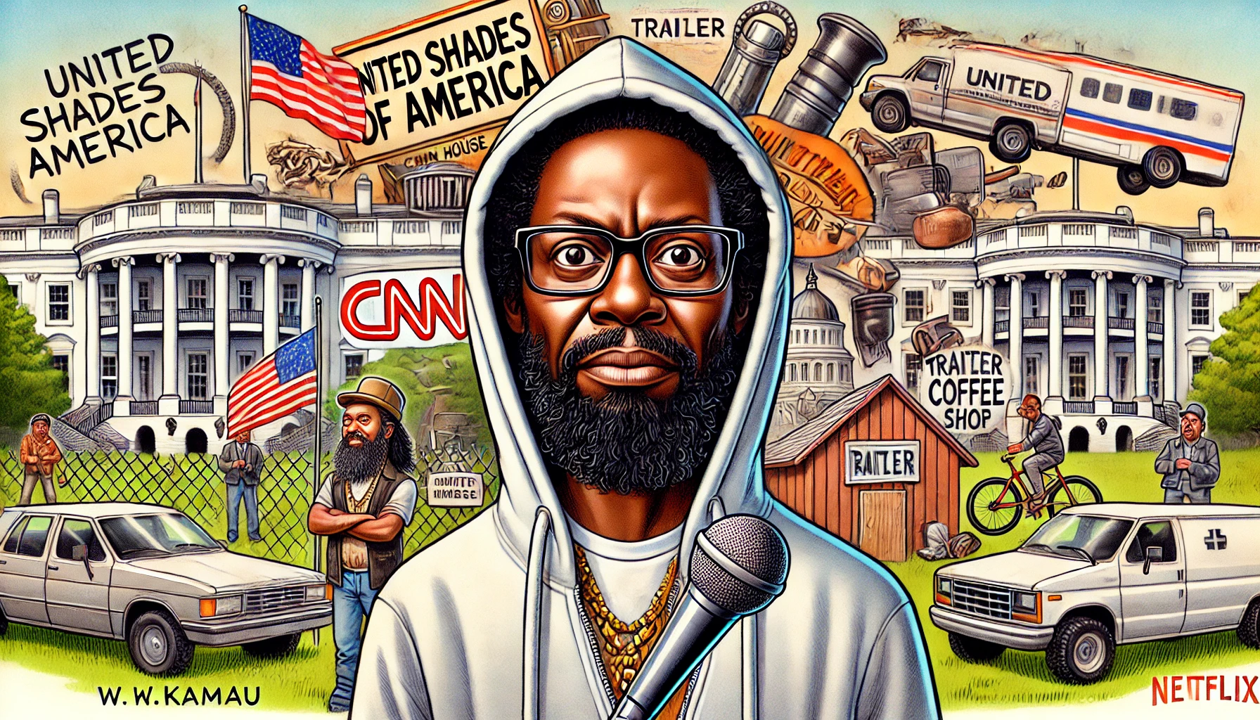 Comedy Writer -- A humorous, exaggerated caricature of W. Kamau Bell wearing his signature hoodie and glasses, standing in front of a comedy stage. The background feat