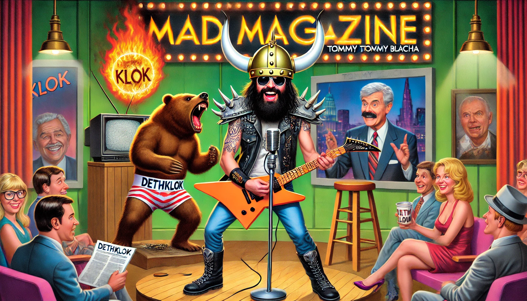 Comedy Writer- A satirical Mad Magazine-style illustration of Tommy Blacha as a comedy mastermind, blending heavy metal and late-night TV absurdity. He wears a Vikin
