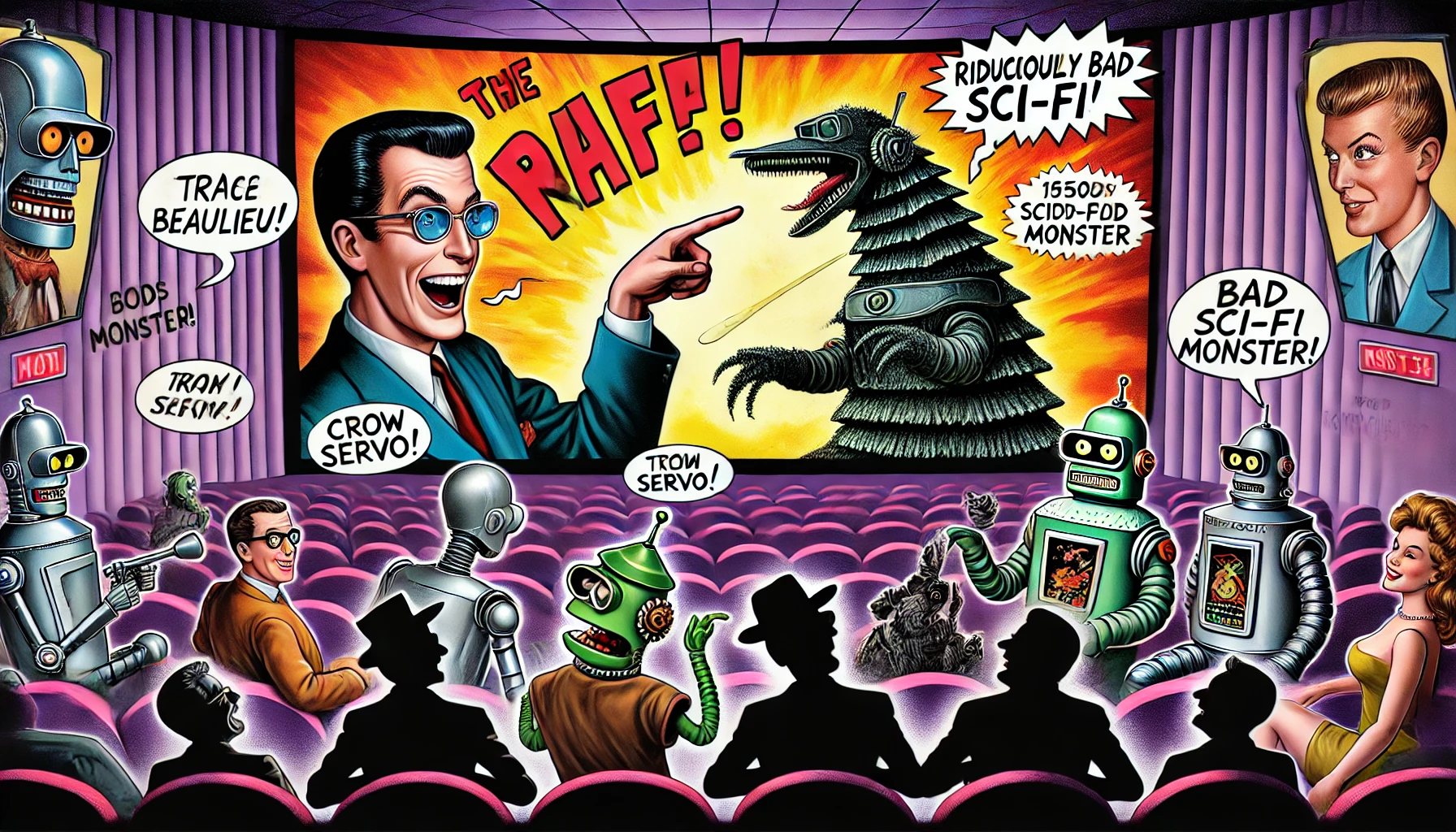 Comedy Writer -- A satirical illustration of Trace Beaulieu in the classic MST3K riffing pose. He is seated in a silhouette-style movie theater row alongside Crow T. R