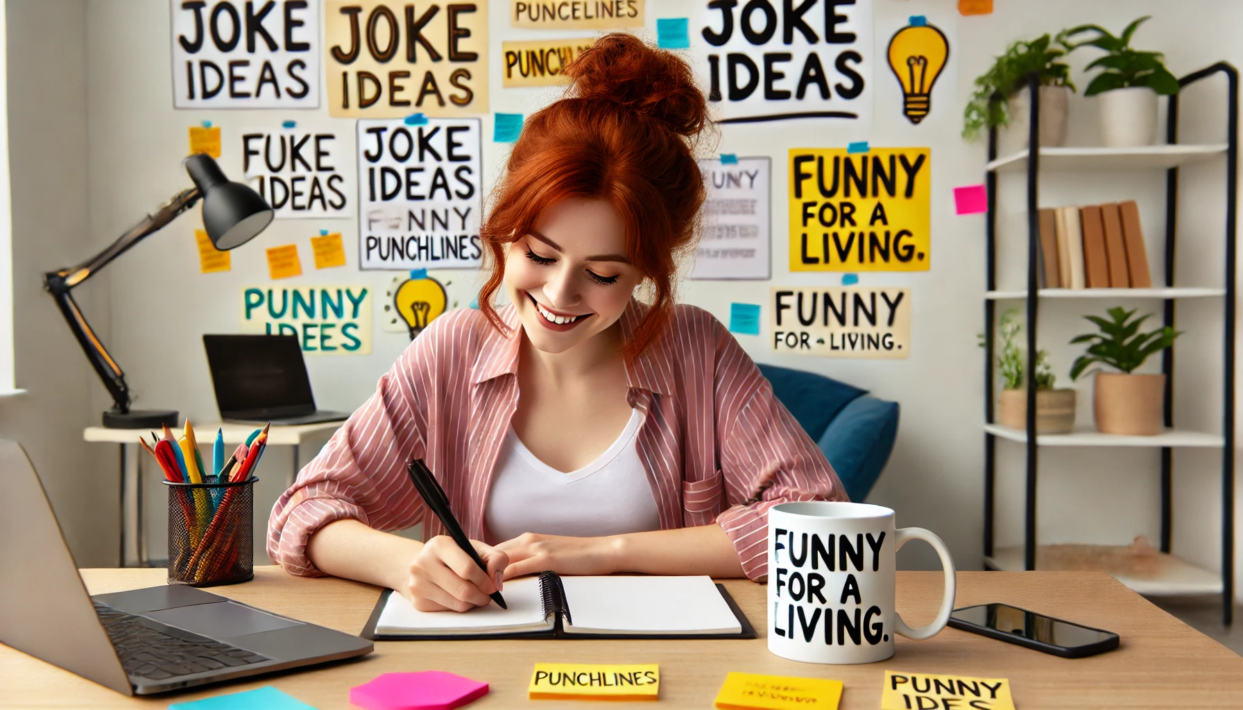 Comedy Writing Exercises to Spark Your Funniest Ideas - A 20-something female comedy writer with red hair sitting at a bright and playful workspace, scribbling jokes in a notebook.