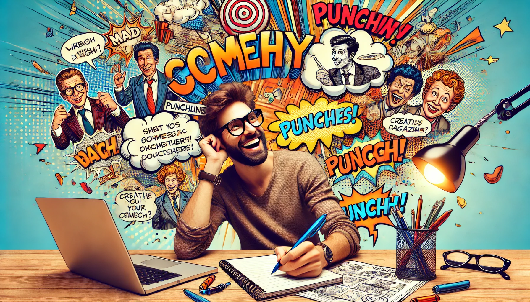 ComedyWriter - An image of a comedy writer sitting at a desk with a notepad, pen, and laptop, surrounded by comic book illustrations and punchlines floating around t