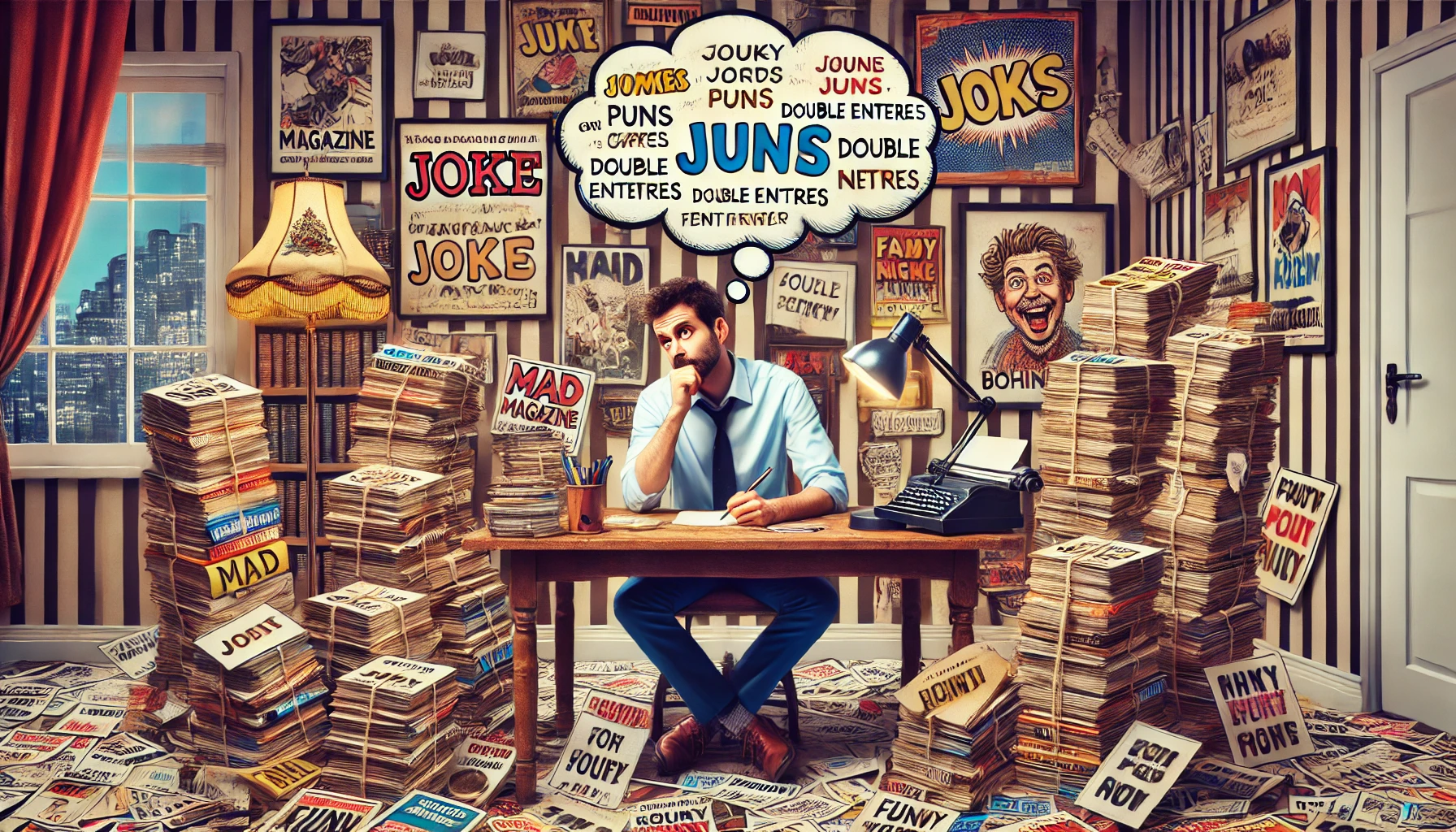 ComedyWriter.INFO - An image of a comedy writer sitting at a desk, surrounded by piles of joke cards and books, with a thought bubble containing various puns and double e