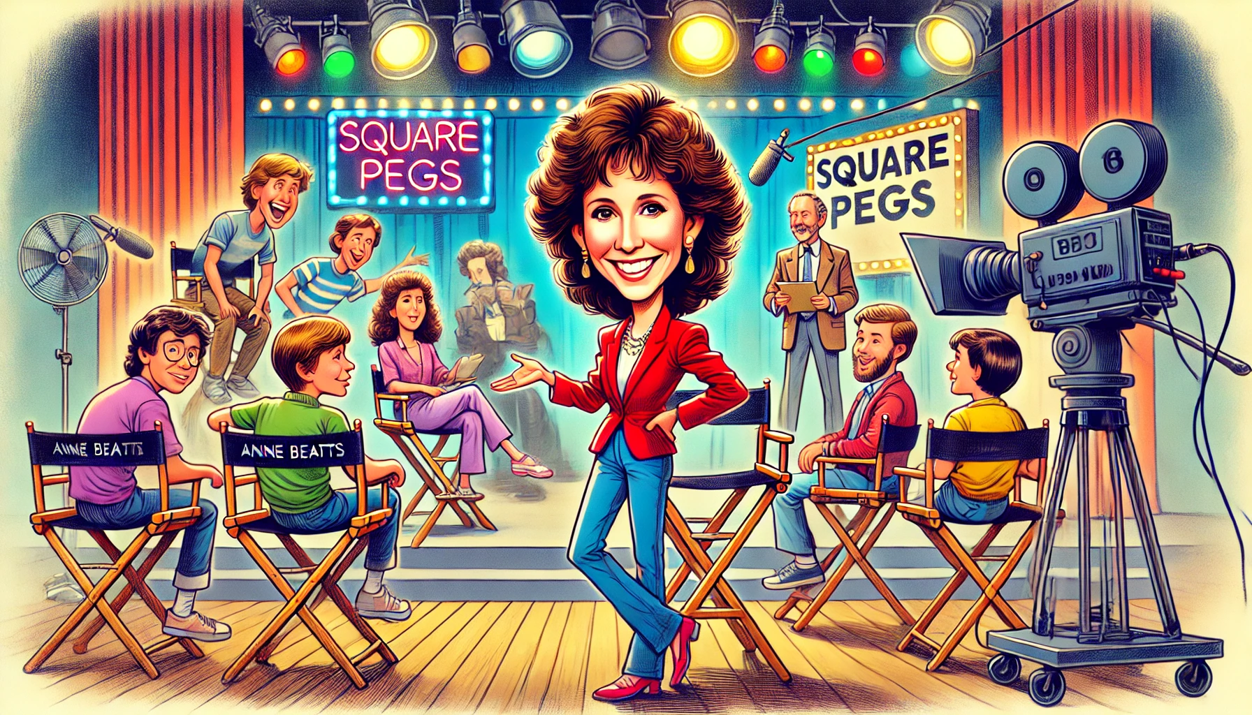ComedyWriter.info - A caricature-style illustration of Anne Beatts on the set of a 1980s sitcom, overseeing a live taping of 'Square Pegs.' She stands next to a director'- Alan Nafzger 2 ComedyWriter.info - A caricature-style illustration of Anne Beatts on the set of a 1980s sitcom, overseeing a live taping of 'Square Pegs.' She stands next to a director'- Alan Nafzger 2