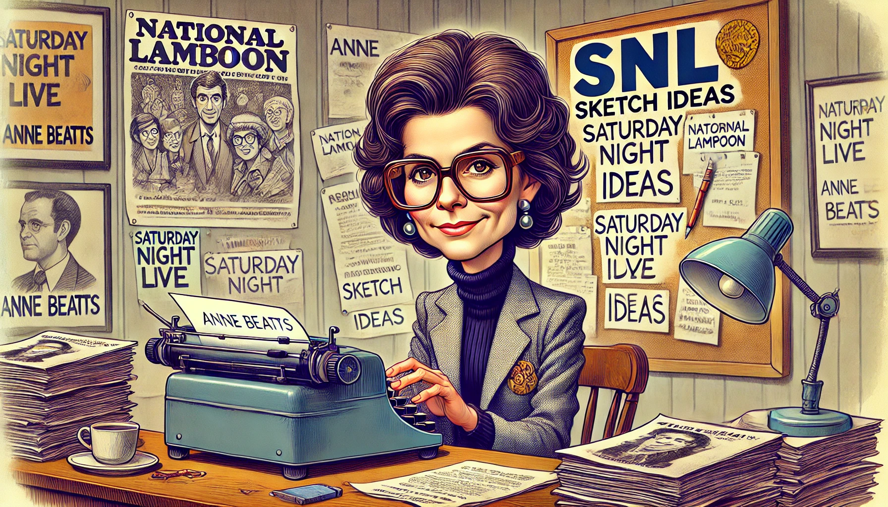 ComedyWriter.info - A caricature-style illustration of Anne Beatts sitting at a typewriter in a 1970s writer’s room, surrounded by stacks of comedy scripts. She is depict- Alan Nafzger 1