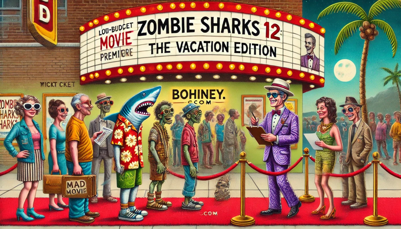 ComedyWriter.info -- A cartoonish scene of a B-movie premiere. A low-budget theater marquee displays 'Zombie Sharks 12 The Vacation Edition.' Fans in -- Alan Nafzger (Comedy Writer)