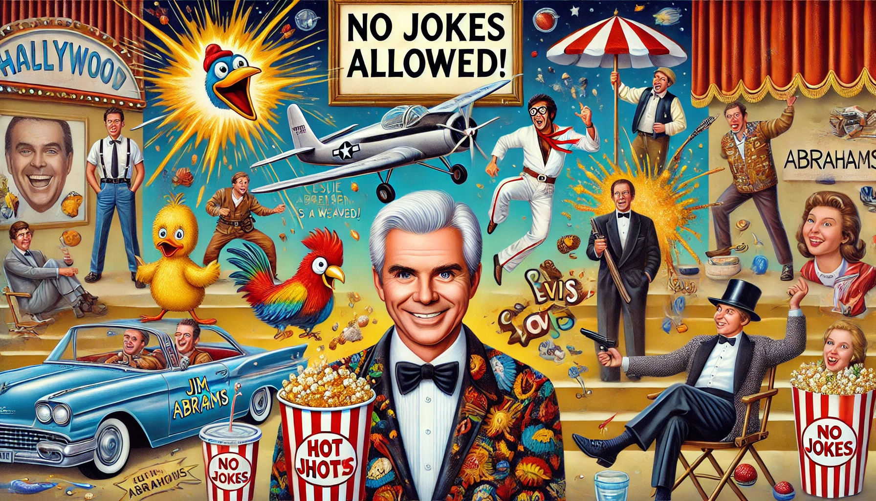 ComedyWriter.info -- A colorful and exaggerated illustration of Jim Abrahams surrounded by iconic elements of his comedic legacy. The scene features Le-- Alan Nafzger (Comedy Writer)