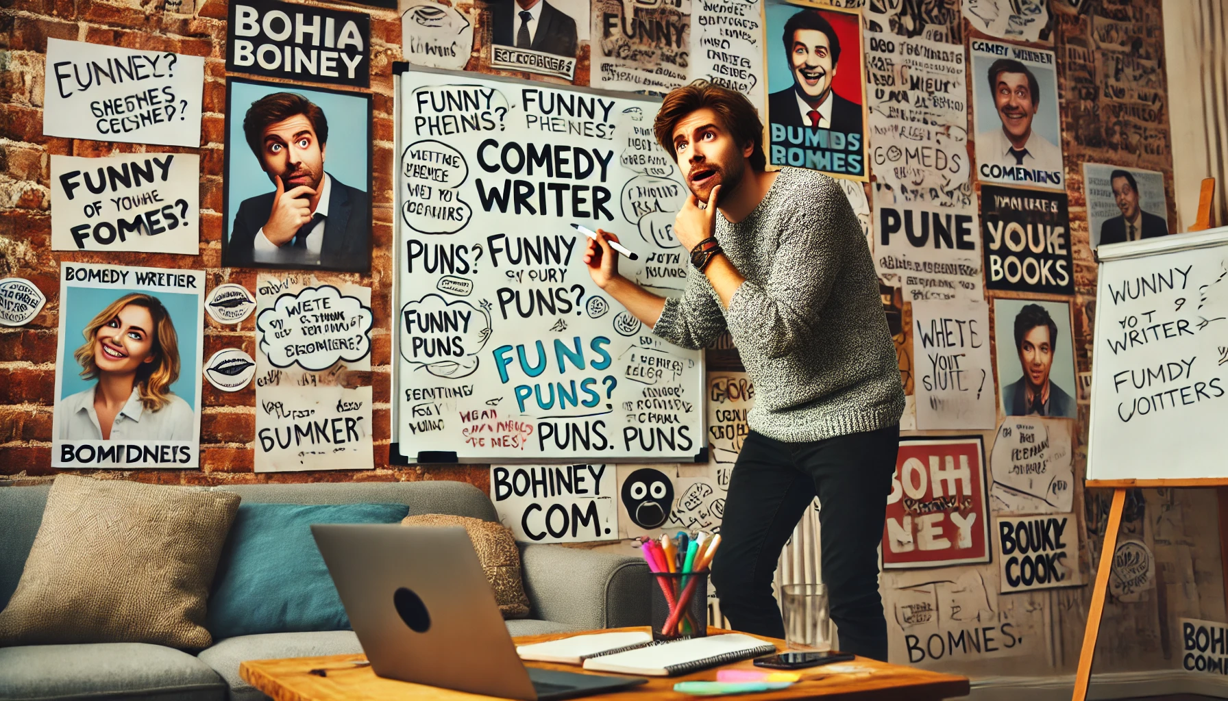 ComedyWriter.info - A comedy writer brainstorming in a cozy living room setting, with a whiteboard behind them filled with funny phrases, doodles, and ideas for puns. The
