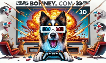 ComedyWriter.info - A funny illustration of a dog sitting way too close to a giant TV screen, wearing 3D glasses, totally immersed in an action movie. The screen shows an- Alan Nafzger 2