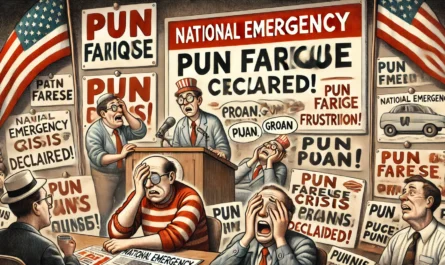 ComedyWriter.info - A humorous depiction of exhausted Americans holding their heads as pun-filled signs surround them. A national emergency broadcast blares 'Pun Fatigue -- Alan Nafzger 3