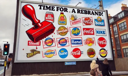 ComedyWriter.info - A satirical billboard displaying logos of outdated brands with a giant stamp reading 'Time for a Rebrand!' in red ink. Passersby laugh as they point a-- Alan Nafzger 4