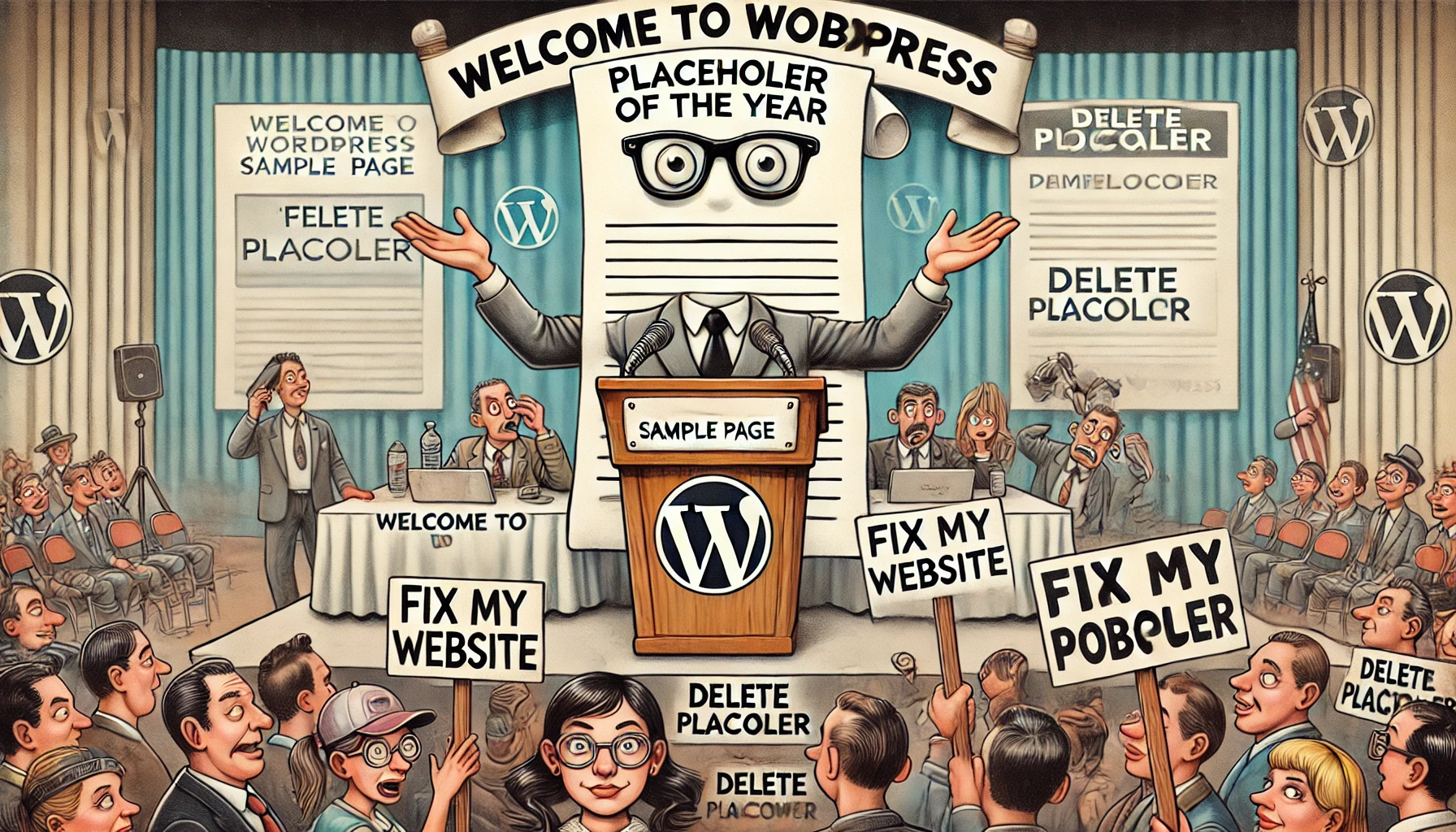 ComedyWriter.info -- A satirical illustration of the WordPress Sample Page hosting a press conference at a podium labeled 'Placeholder of the Year.' Th-- Alan Nafzger (Comedy Writer)