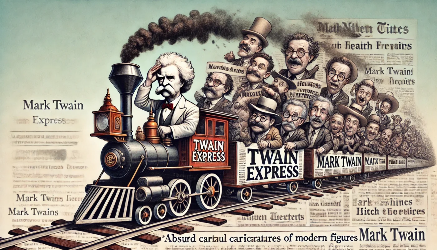 ComedyWriter.info - A steam-powered train labeled 'Twain Express' chugging along a track made of satirical newspaper headlines. Mark Twain sits at the helm, tipping his h-- Alan Nafzger 5