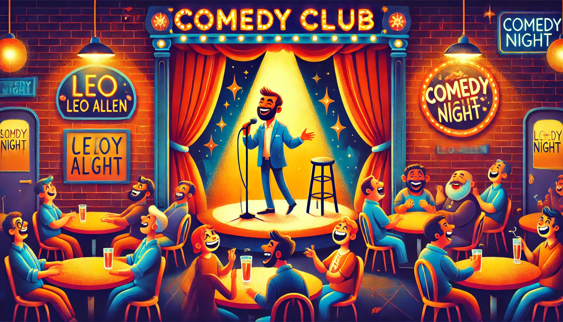 ComedyWriter.info -- A vibrant and whimsical illustration of Leo Allen performing stand-up comedy on a small stage in a cozy comedy club. The scene fea-- Alan Nafzger (Comedy Writer)