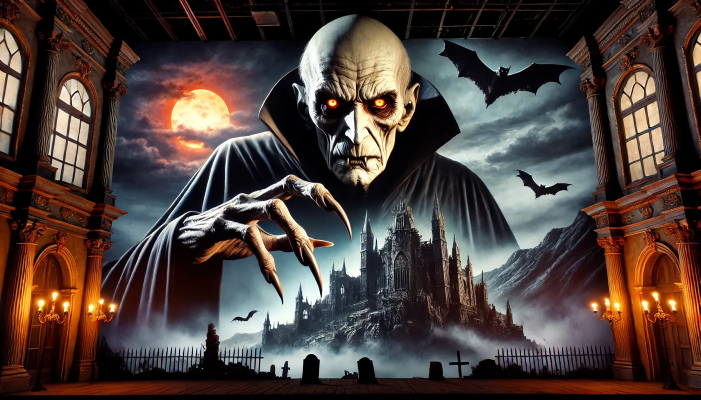 ComedyWriter.info A wide aspect artistic depiction of Count Orlok from the 2024 film Nosferatu. Count Orlok is portrayed as a gaunt, pale vampire wi Alan Nafzger (Comedy Writer) 2