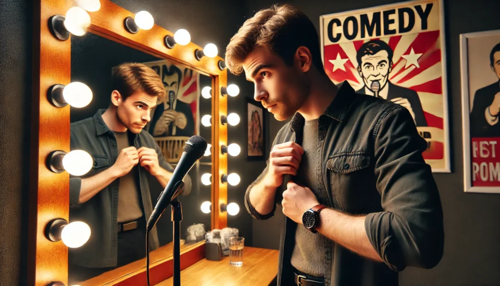 Creating a Comedic Persona -- Standup Comedy -- A standup comedian backstage, preparing to go on stage. The comedian is looking at a mirror, adjusting their outfit, wit-- Bohiney.com2